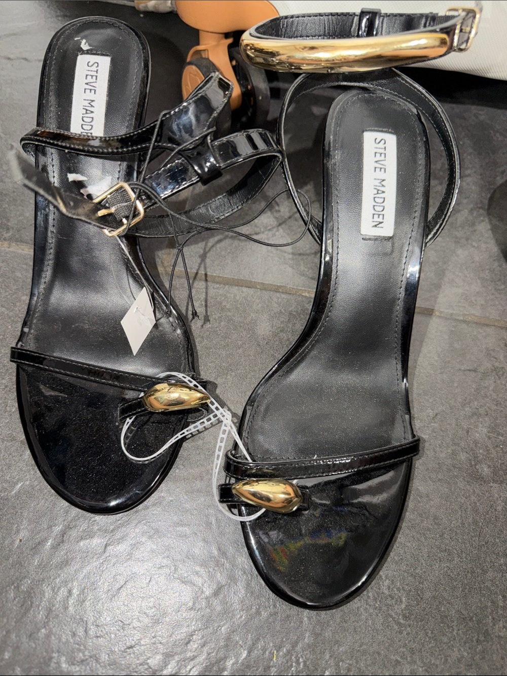 Steve Madden Black Patent Ankle-Strap Heels with Gold Accents